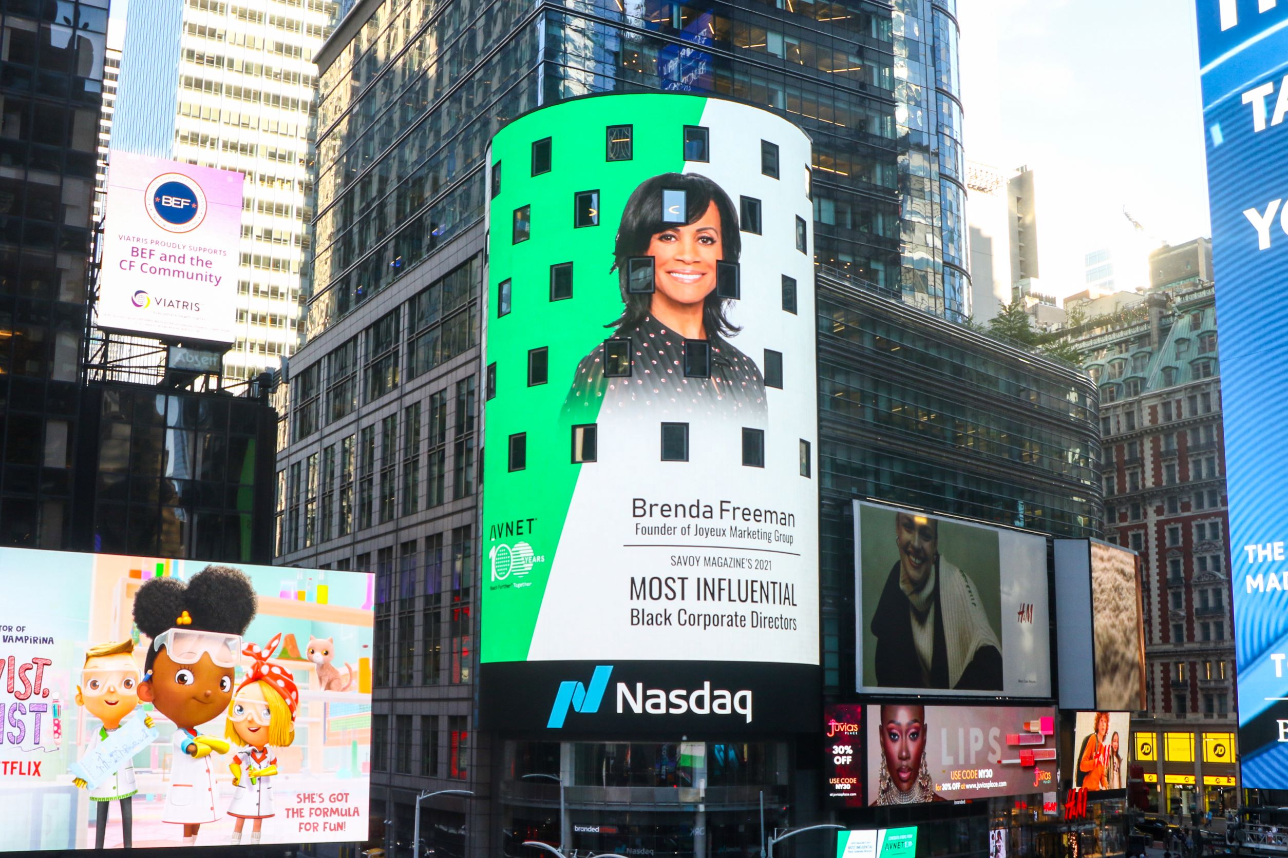 Brenda Freeman on the Nasdaq billboard, Savvy Magazine Most Influential Black Corporate Directors